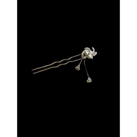 Silver Tone Hair Pin Hair Jewelry Rhinestones Faux Pearls Dangles Bride Wedding